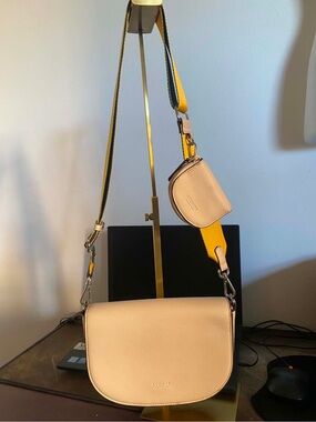 Beige Crossbody Bag with Yellow Accent Strap